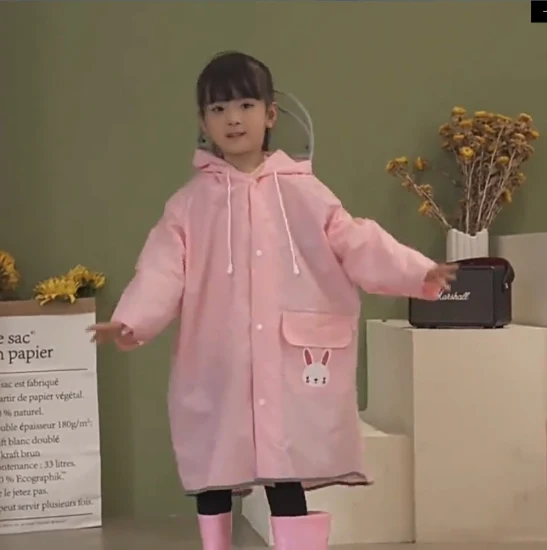 子供透明通気性ライトレインコート再利用可能なロング EVA レインコートレインウェアフード巾着付き