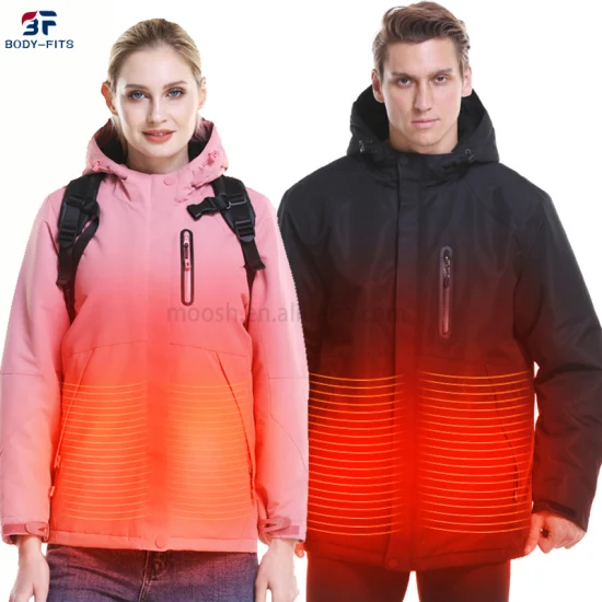 OEM スキーフード付きジャケット女性プラスサイズ冬防水サイクリング USB 充電バッテリー加熱ジャケット男性用
